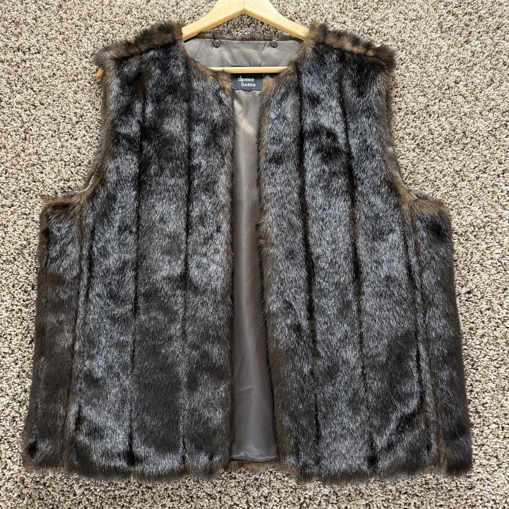 Dennis Basso Faux Fur Vest‎ Brown Open Front Luxe Mob Wife Glam Layering XL - 1X